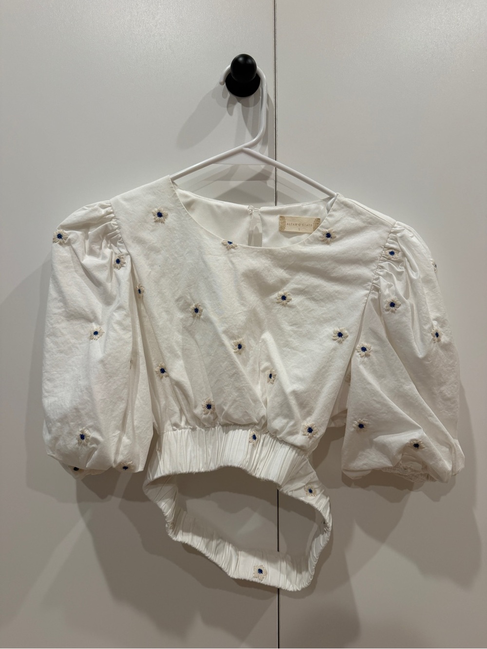Altar'd State White Puff-Sleeve Cropped Top with Blue Floral Embroidery